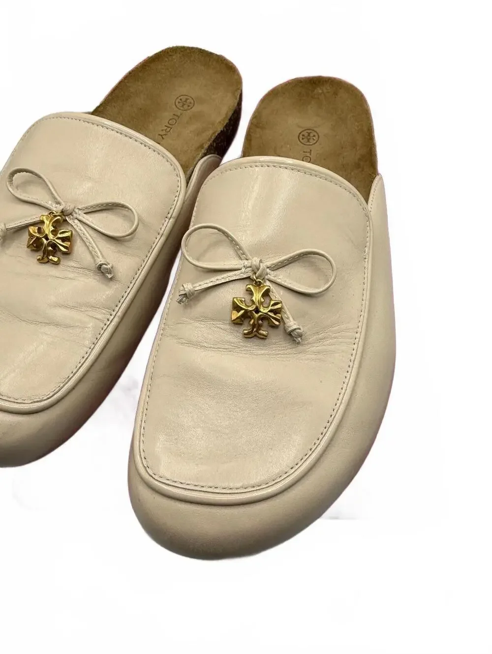 Tory Burch Ivory Leather Slip-On Mules with Gold Bow Accent